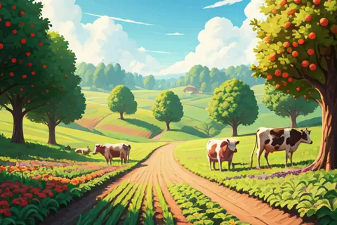 Mixed farm with vegetable patches, livestock and fruit trees
