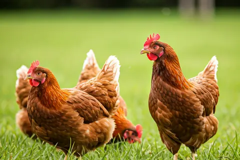 Free-range broiler chickens in a grassy field