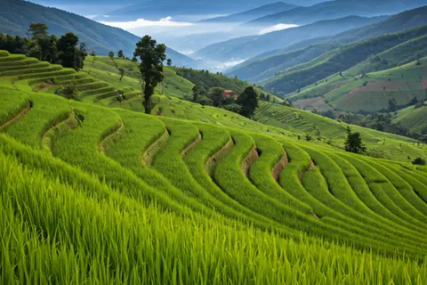 Lush green terraced rice fields - Rice farming in Thailand