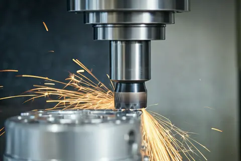 CNC metal machining with sparks and coolant - Metal turning, milling and planing