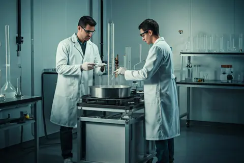 Scientists processing hazardous chemical waste in lab - Hazardous waste treatment